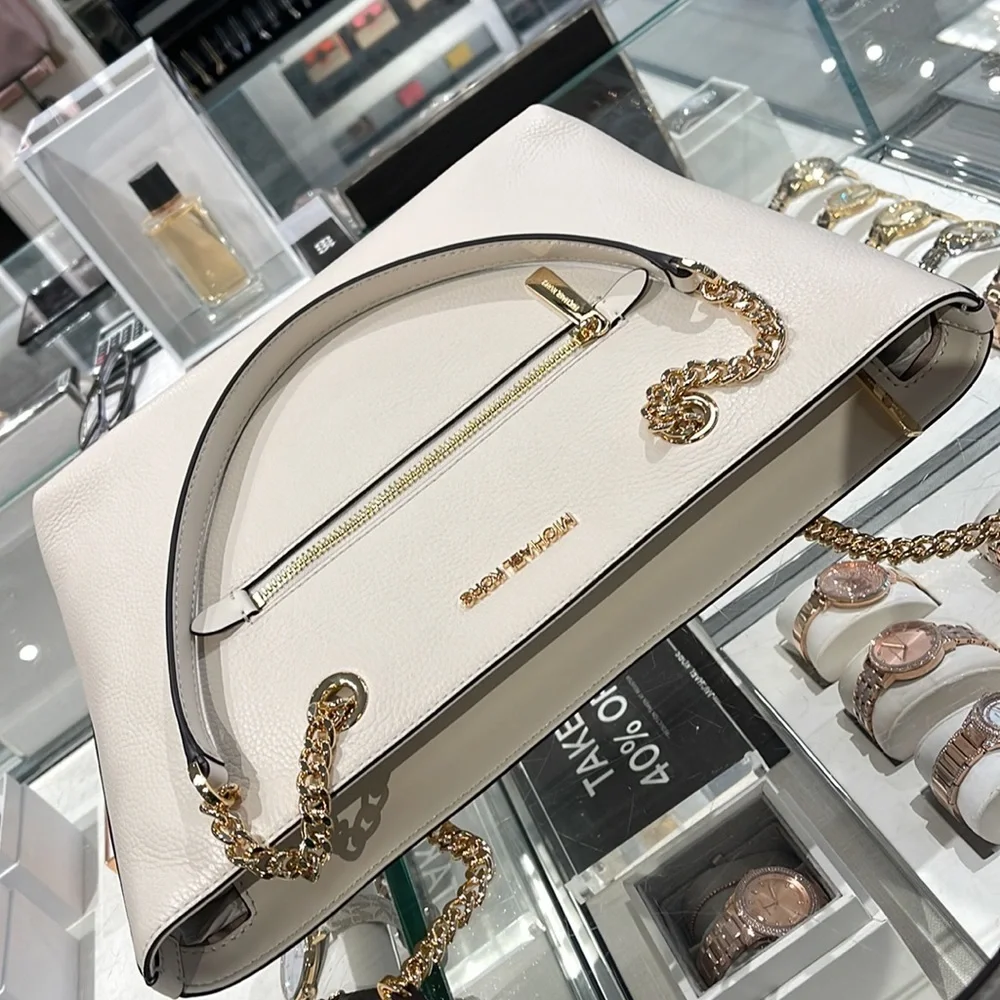 MICHAEL KORS Jet Set Medium Front Zip Pebbled Leather Chain Tote Bag Light Cream